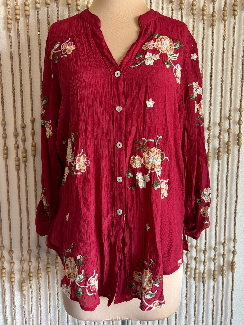 Figueroa Red Floral Boho Embroidered Button-Front Long Sleeve Peasant Flowy Top